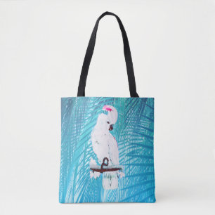 Cute White Cockatoo Tropical Greenery Palm Leaves Tote Bag