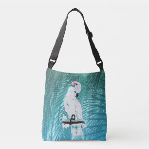 Cute white cockatoo tropical palm leaves crossbody bag