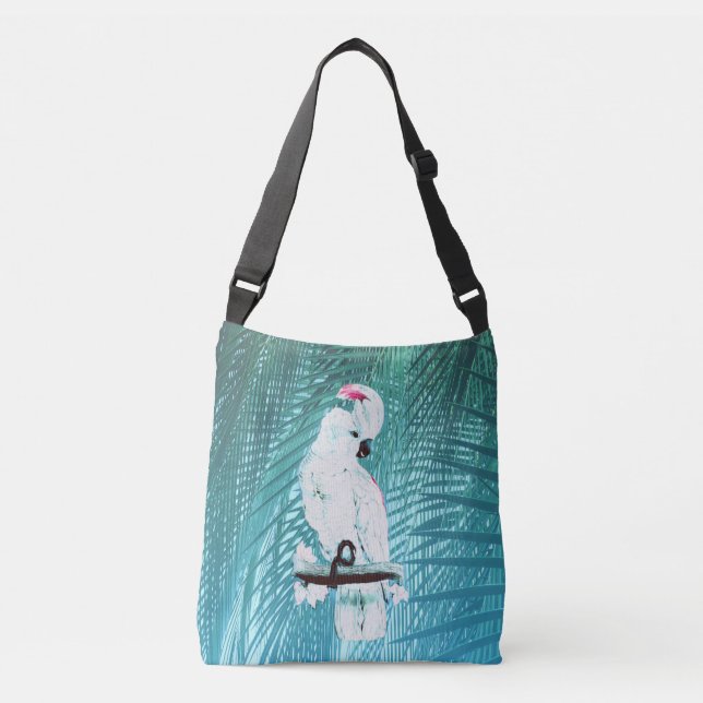 Cute white cockatoo tropical palm leaves crossbody bag (Front)