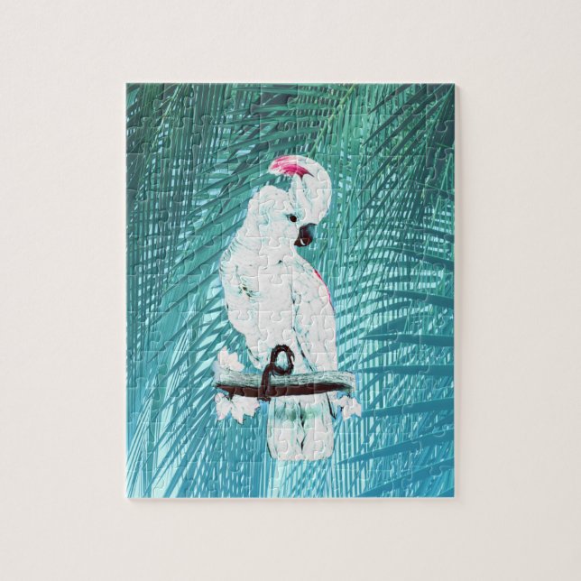 Cute white cockatoo tropical palm leaves jigsaw puzzle (Vertical)