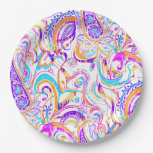 Cute white colourful paisley design paper plate