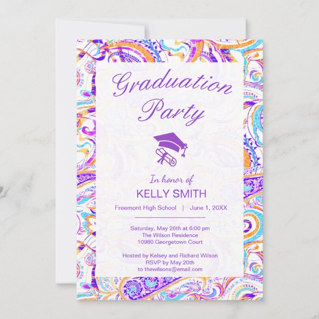 Cute white colourful paisley graduation party invitation (Front)