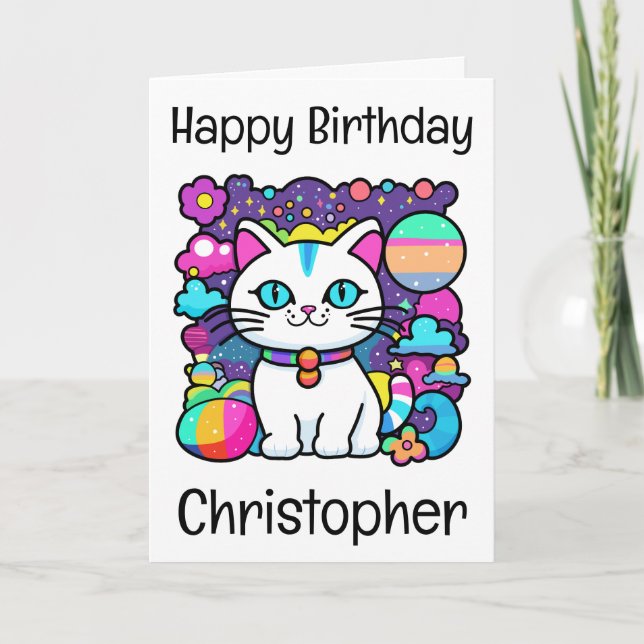 Cute White Cosmic Space Kitty Cat Birthday Card (Front)