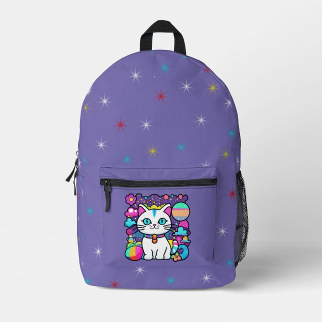 Cute White Cosmic Space Kitty Cat Printed Backpack (Front)
