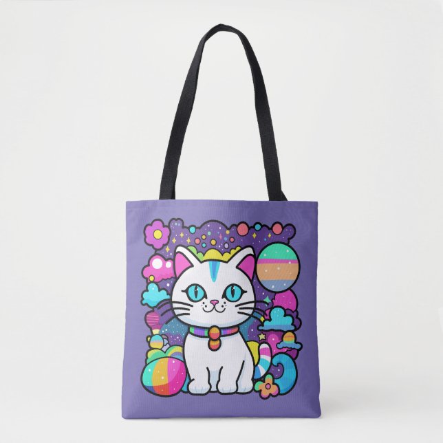 Cute White Cosmic Space Kitty Cat Tote Bag (Front)