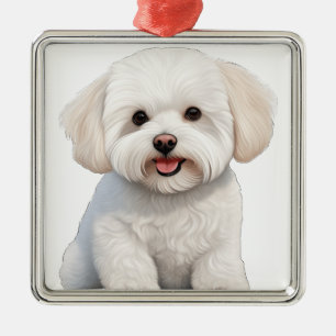 CUTE WHITE CURLY BICHON FRISE PUPPY DOG METAL TREE DECORATION