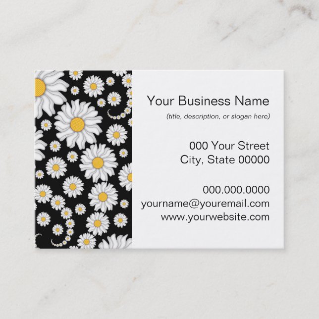 Cute White Daisies on Black Background Business Card (Front)