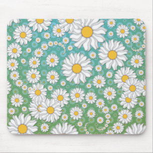 Cute White Daisies on Blue Green Mouse Pad