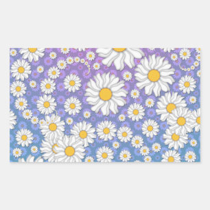 Cute White Daisies on Blue Purple Background Rectangular Sticker