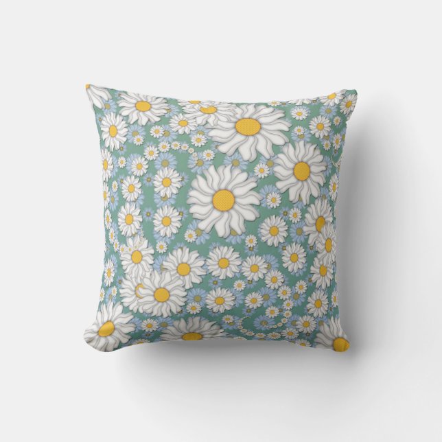 Cute White Daisies on Dusty Teal Blue Green Cushion (Front)