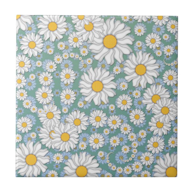 Cute White Daisies on Dusty Teal Blue Green Tile (Front)