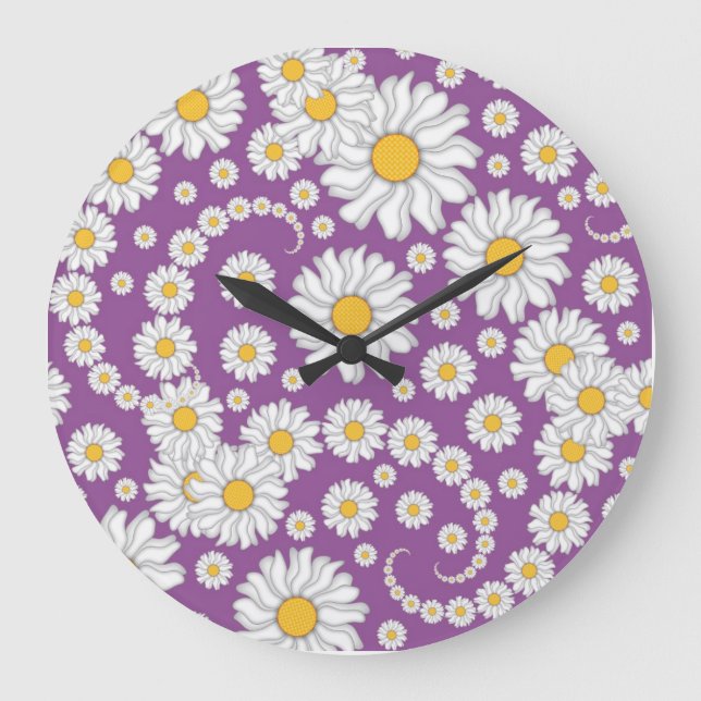 Cute White Daisies on Purple Background Large Clock (Front)