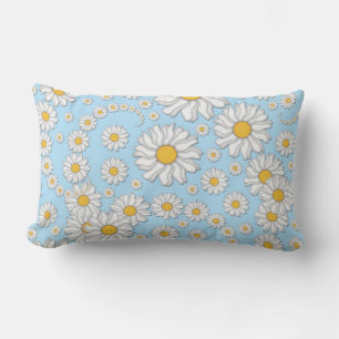 Cute White Daisies on Sweet Baby Blue Lumbar Cushion