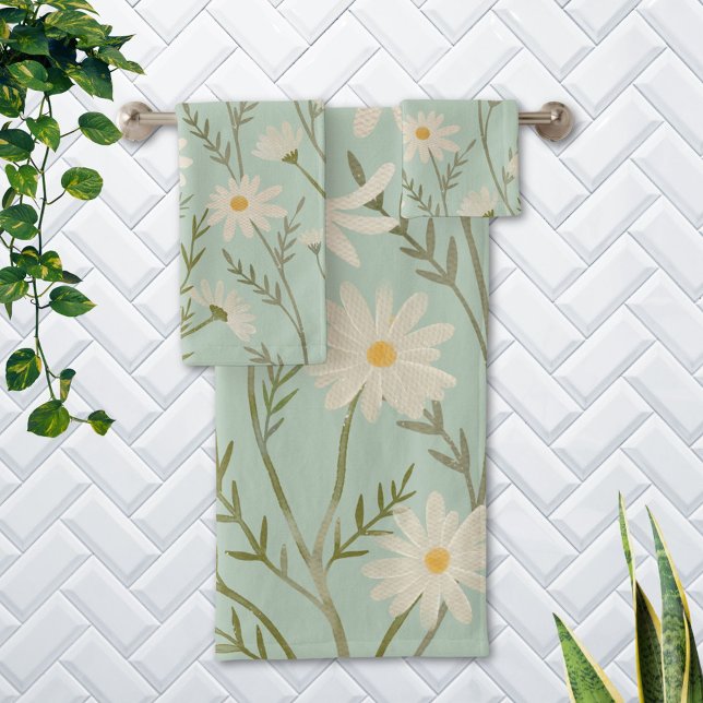 Cute White Daisy Flower Floral Pastel Bath Towel Set (In situ Bathroom wall)