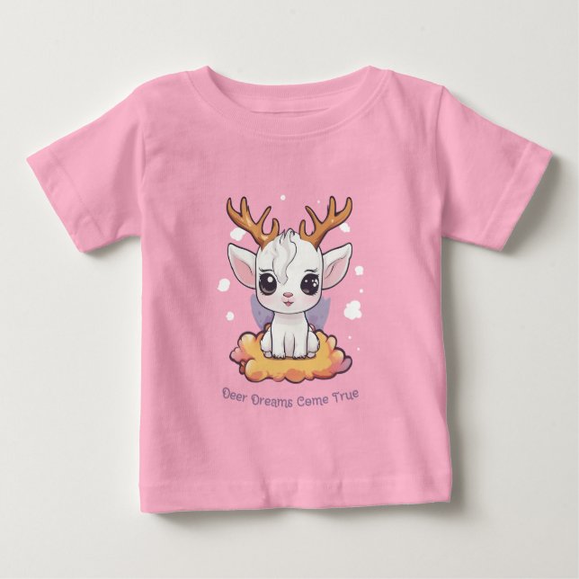 Cute White Deer with Antlers on a Cloud Baby T-Shirt (Front)