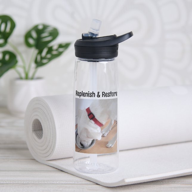 Cute White Dog Drinking Water Silver Bowl Get Well Bottle (Yoga (Rotated))