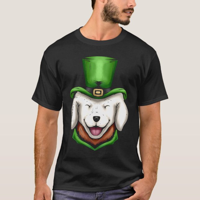 Cute White Dog Golden Retriever Green Hat St Patri T-Shirt (Front)