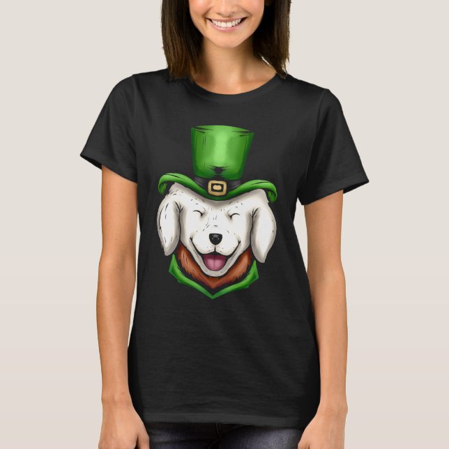 Cute White Dog Golden Retriever Green Hat St Patri T-Shirt (Front)