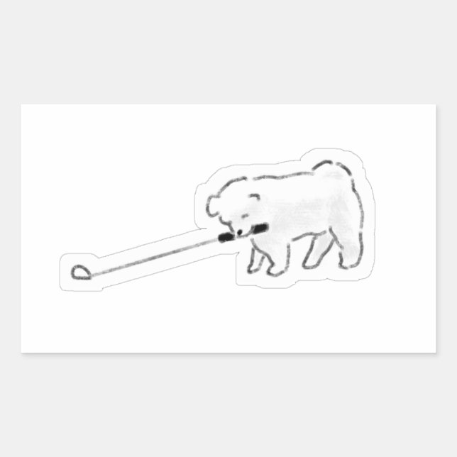 Cute White Dog Holding Leash In Mouth Walking Dood Rectangular Sticker (Front)