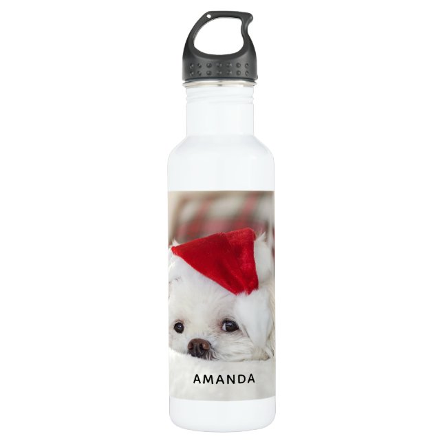 Cute White Dog in a Red Christmas Hat 710 Ml Water Bottle (Front)