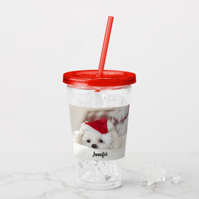 Cute White Dog in a Red Christmas Hat Acrylic Tumbler (Back Ice)