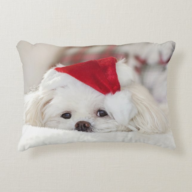 Cute White Dog in a Red Christmas Hat Decorative Cushion (Front)
