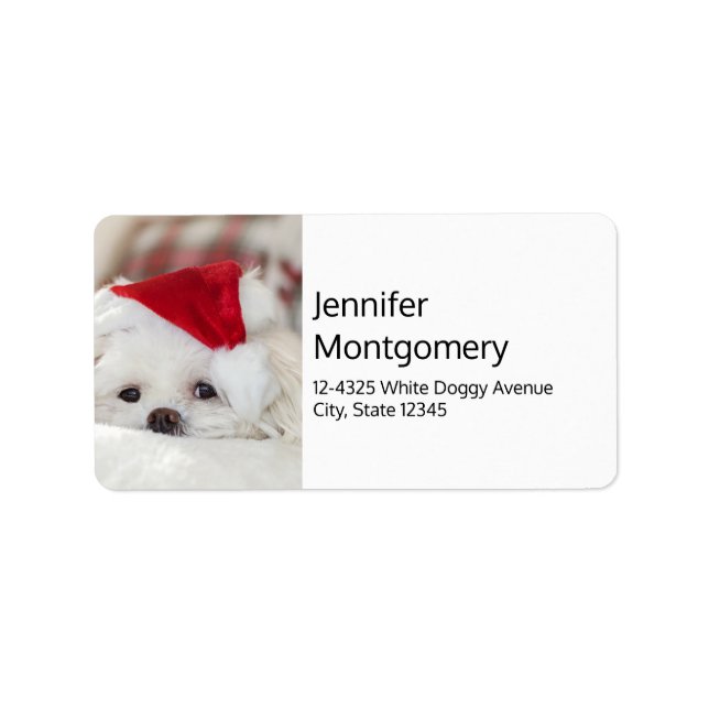 Cute White Dog in a Red Christmas Hat Label (Front)