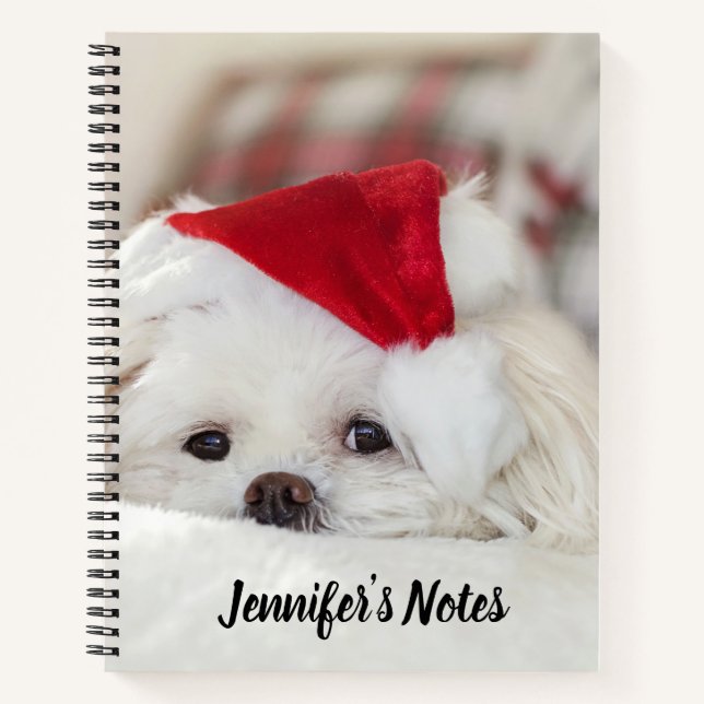 Cute White Dog in a Red Christmas Hat Notebook (Front)