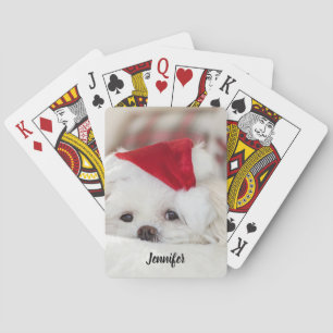Cute White Dog in a Red Christmas Hat Playing Cards
