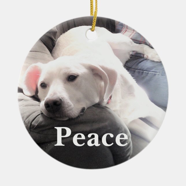Cute White Dog Peace Ceramic Tree Decoration (Front)