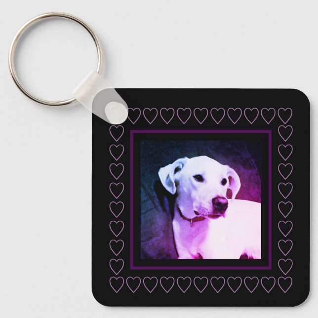 Cute White Dog Purple Hearts Frame Valentine's Day Key Ring (Front)