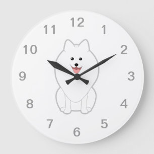 Cute White Dog. Spitz or Pomeranian. Large Clock