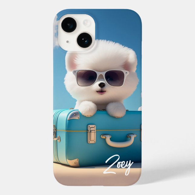 Cute White Dog Travel Suitcase Personalised Name Case-Mate iPhone Case (Back)