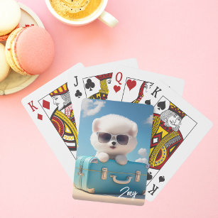 Cute White Dog Travel Suitcase Personalised Name Playing Cards