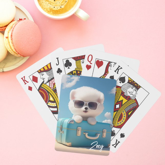 Cute White Dog Travel Suitcase Personalised Name Playing Cards (Creator Uploaded)