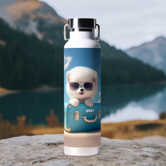 Cute White Dog Travel Suitcase Personalised Name Water Bottle (Creator Uploaded)