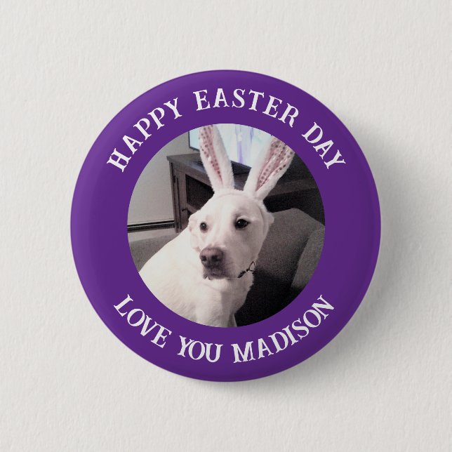 Cute White Dog Wearing Easter Bunny Ears Purple 6 Cm Round Badge (Front)