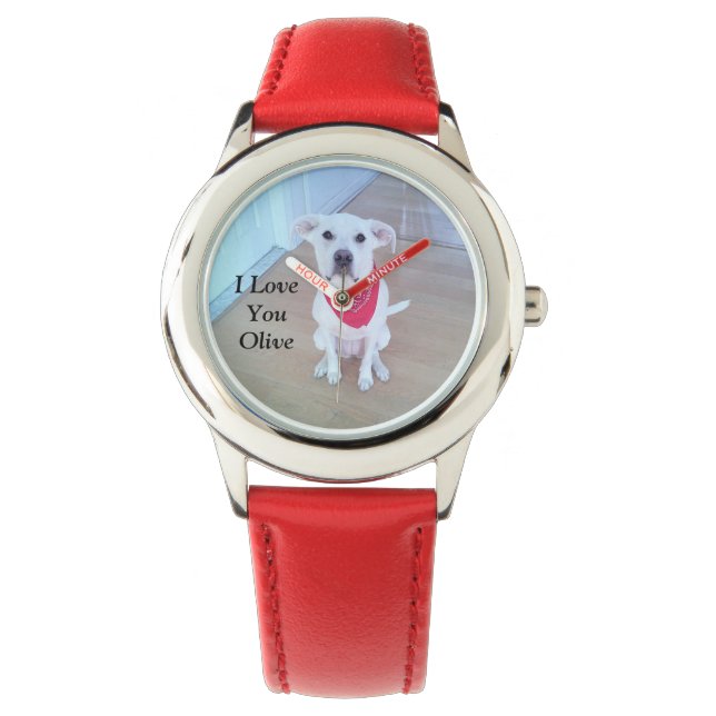 Cute White Dog Wearing Red Scarf I Love You Hearts Watch (Front)