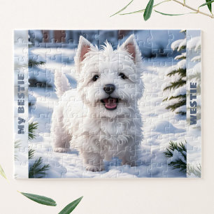 Cute White Dog Westie Winter Snow Custom Name Jigsaw Puzzle