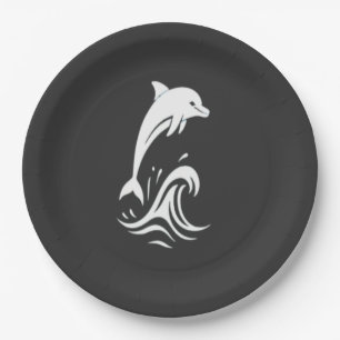 Cute White Dolphin Jumping Waves Ocean Papercut Ar Paper Plate