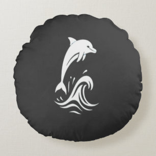 Cute White Dolphin Jumping Waves Ocean Papercut Ar Round Cushion