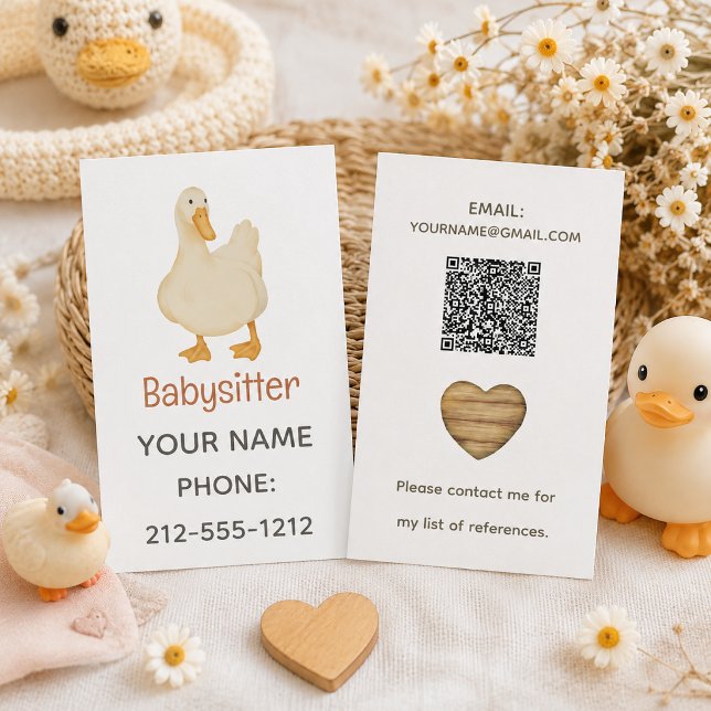Cute White Duck Heart Babysitter QR Code Business Card (Creator Uploaded)