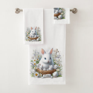Cute White Easter Bunnies, Daisies and Cross  Bath Towel Set