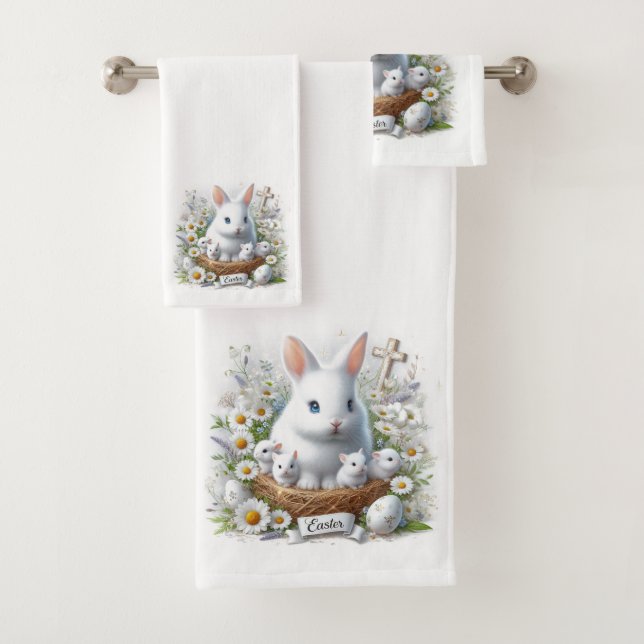 Cute White Easter Bunnies, Daisies and Cross  Bath Towel Set (Insitu)