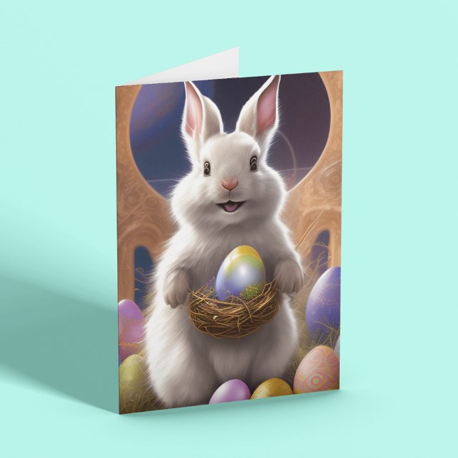 Cute White Easter Bunny Carry an Easter Egg Card (Creator Uploaded)