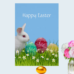 Cute White Easter Bunny & Painted Eggs