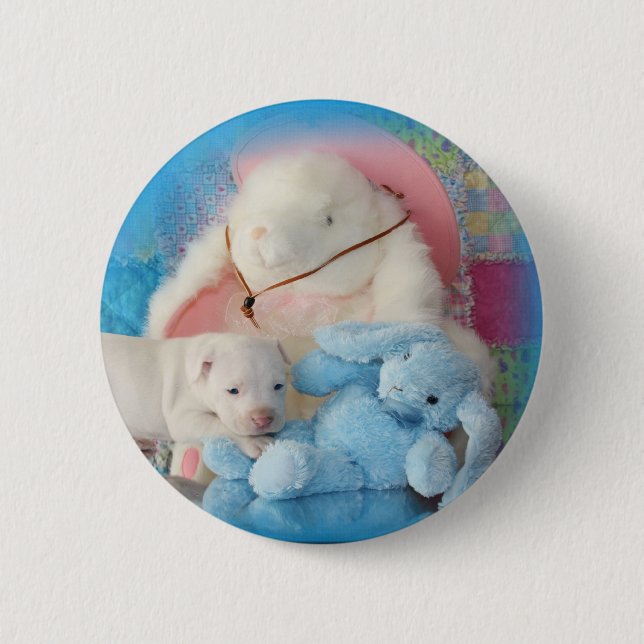 Cute White Easter Puppy Dog & Bunny Friends 6 Cm Round Badge (Front)
