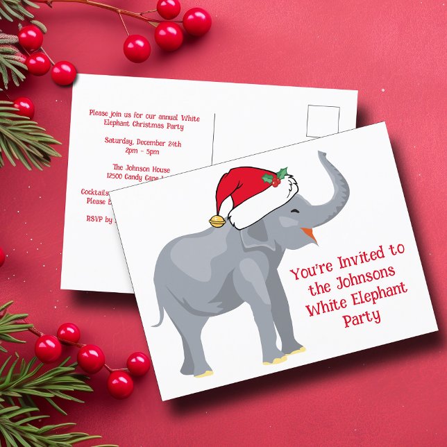 Cute White Elephant Party Christmas Invitation Postcard (Creator Uploaded)