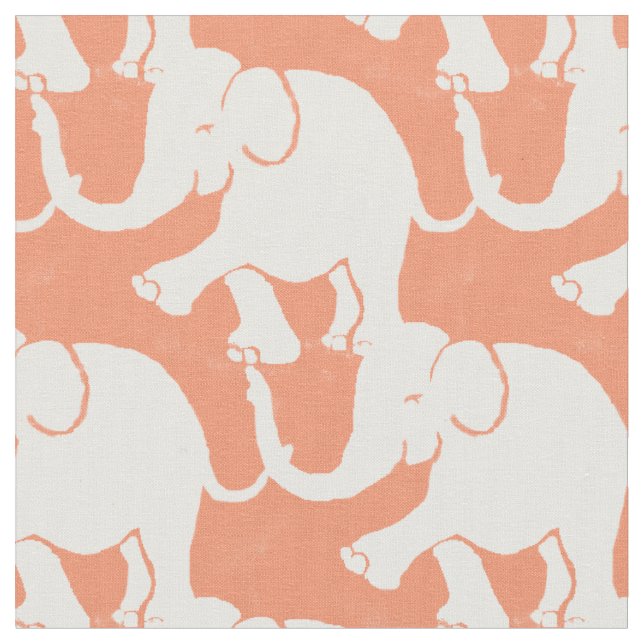 Cute White Elephants Pattern on Salmon Fabric (Close Up)