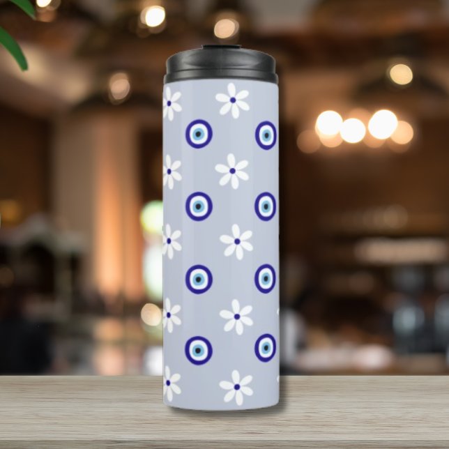 Cute White Feminine Blue Daisy Greek Eye Thermal Tumbler (Creator Uploaded)
